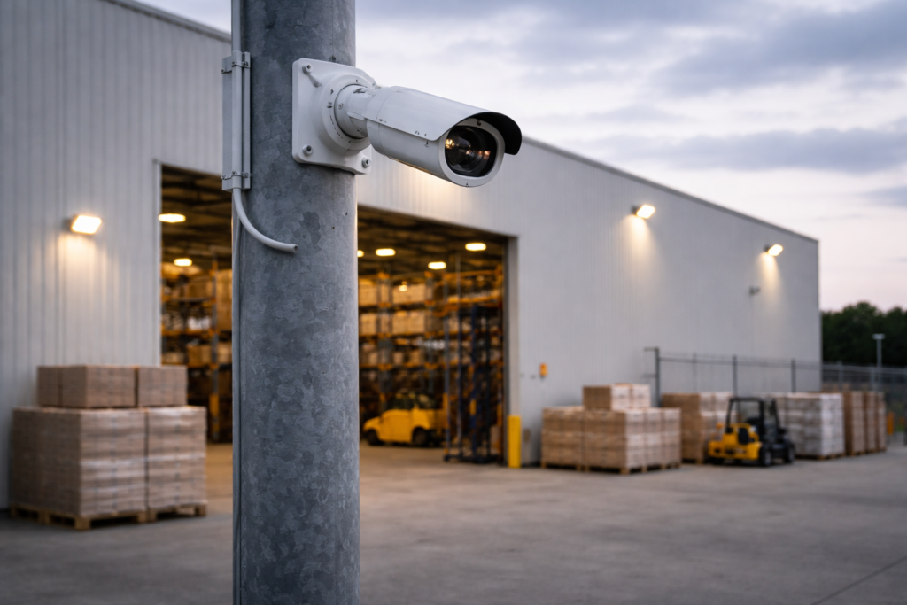 Telecamera di videosorveglianza installata in area industriale con magazzino e attività logistica